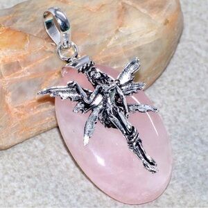 Fairy Rose Quartz 925 Silver Plated Pendant 2" Stylish Jewelry Trendy